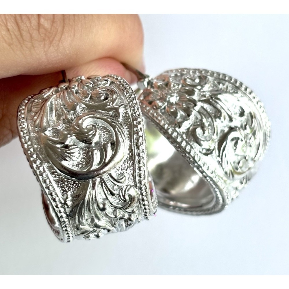 Arthur Court Aluminum Hoop Earrings 1.1 In Scrollwork Wide Discontinued Jewelry